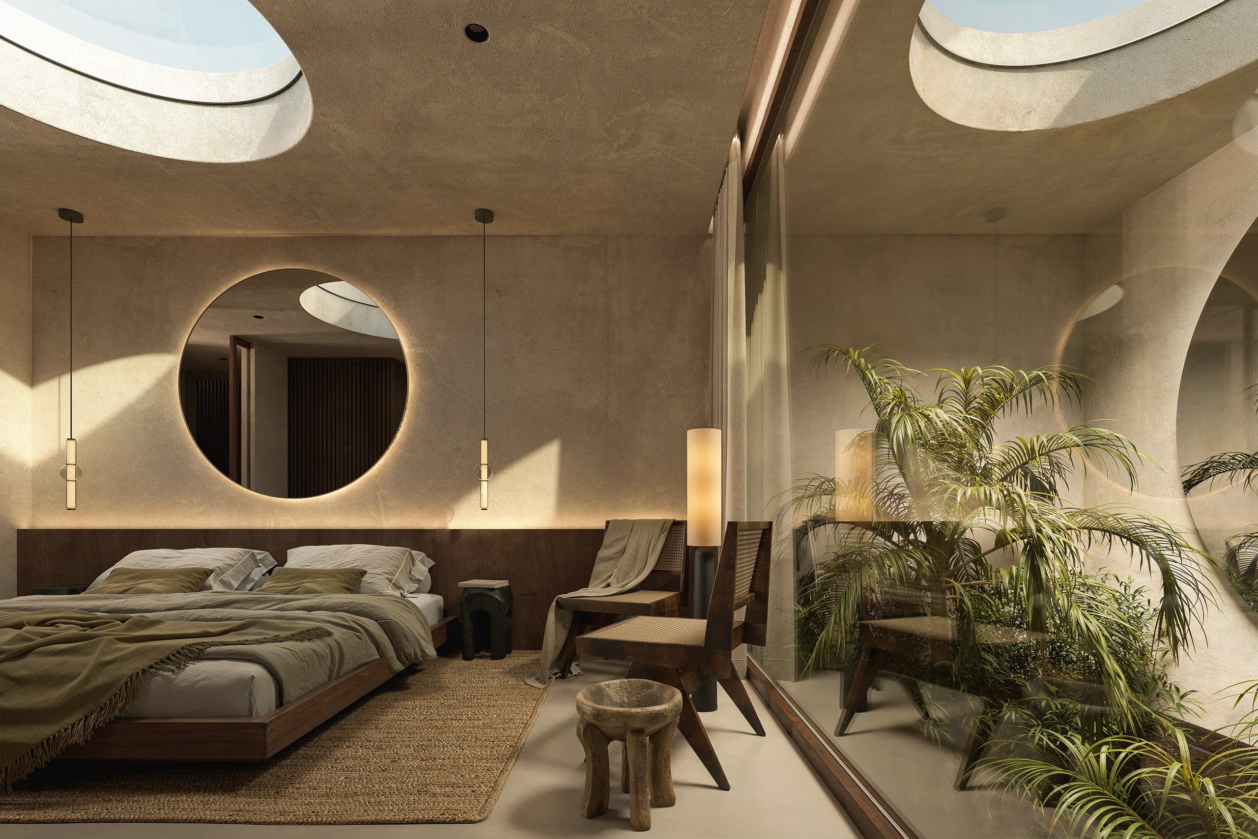 Bedroom with circular skylights and a round mirror