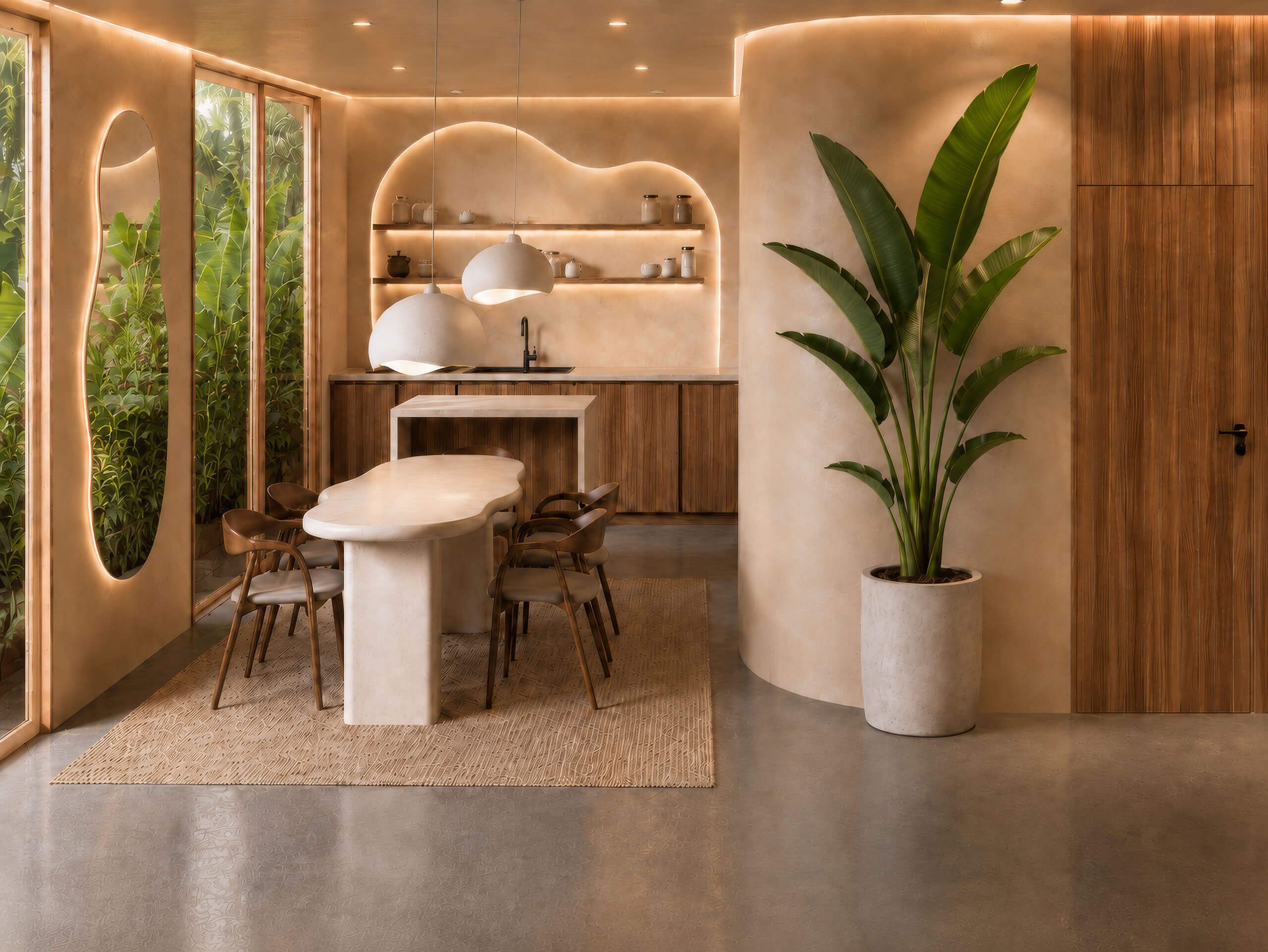 Kitchen with organic curved shelves and a tropical plant