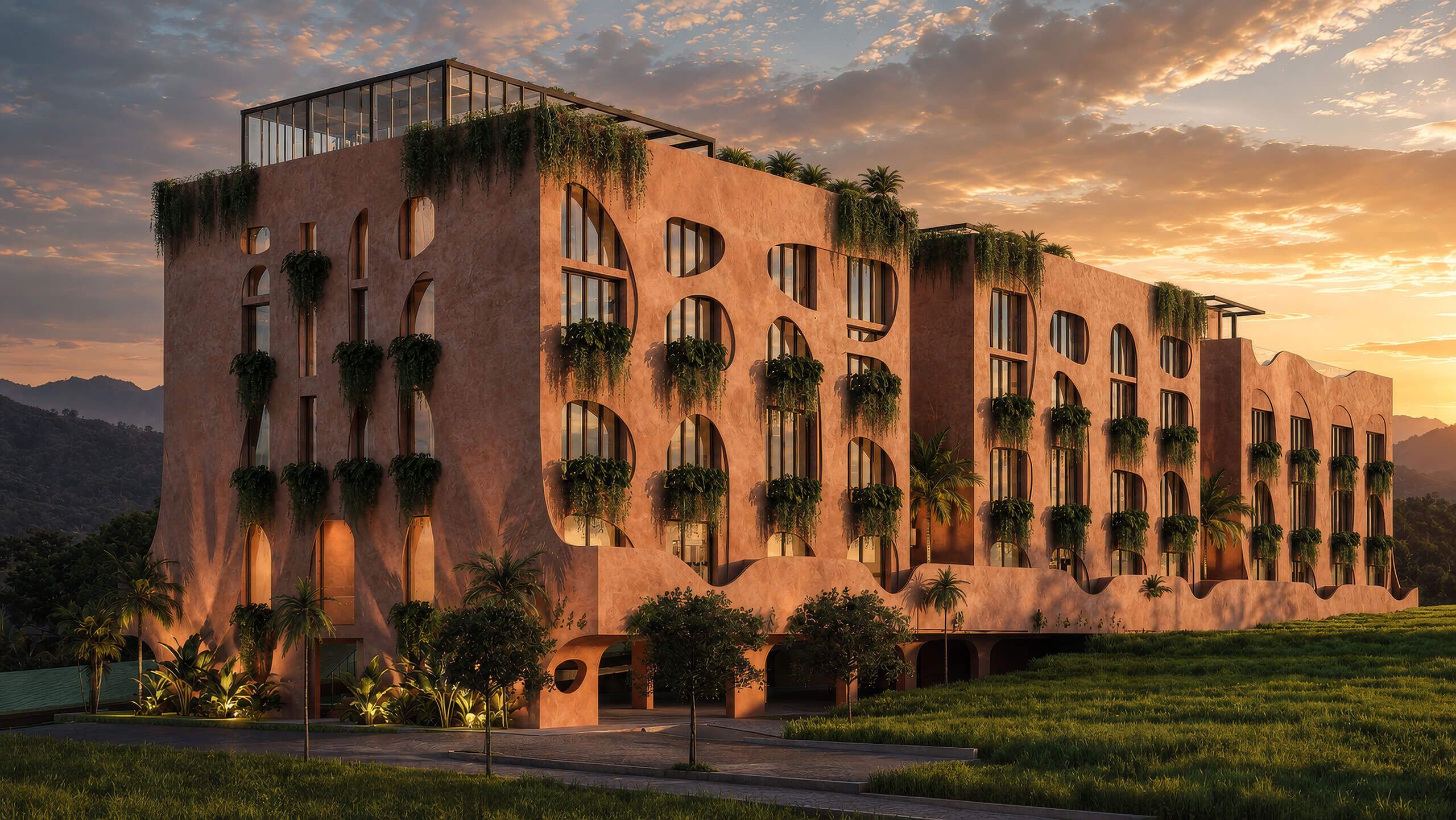 Ananta Villas Canggu facade at sunset, arched windows with hanging greenery