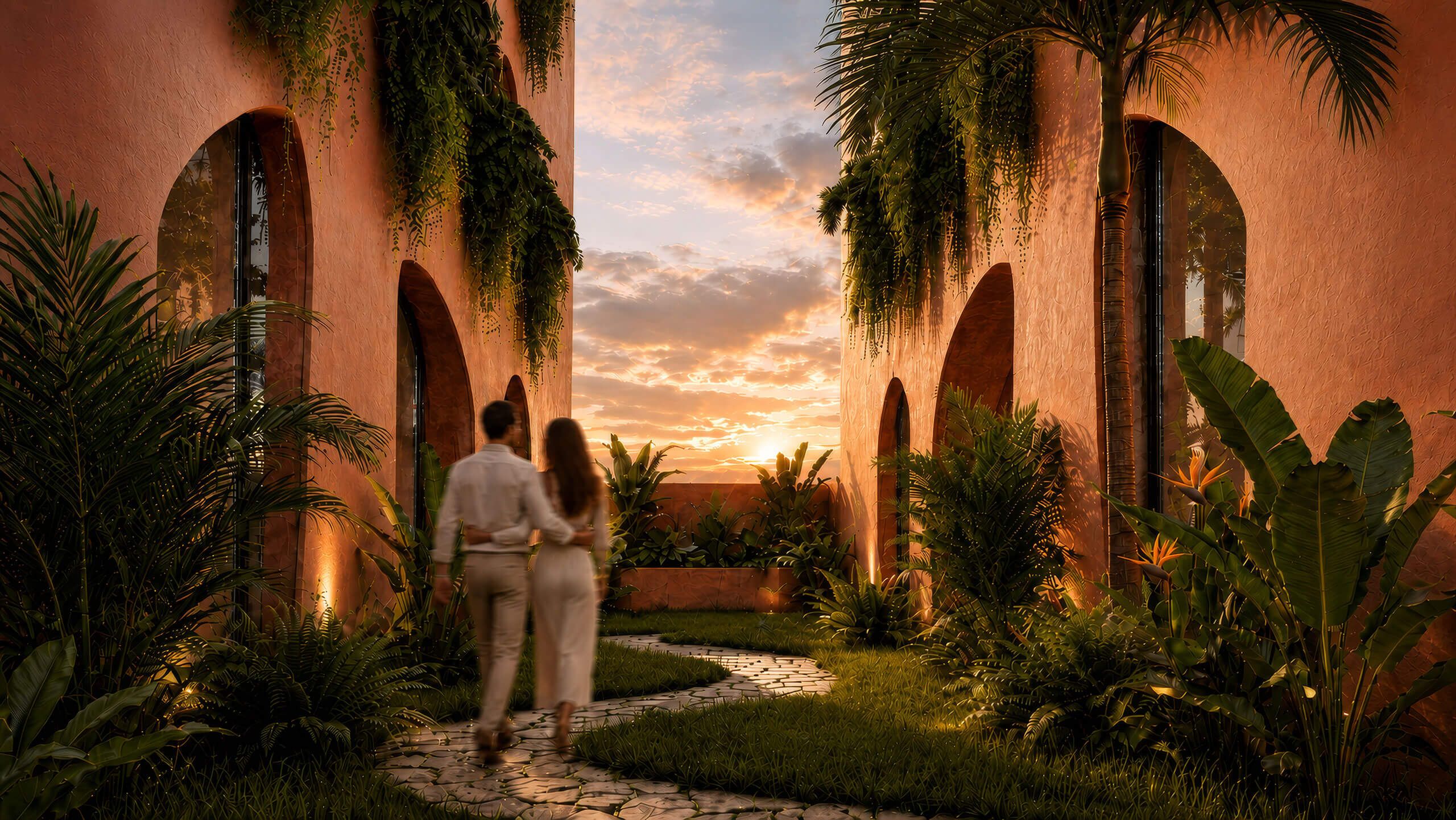 Couple walking through the palm garden between the buildings at sunset